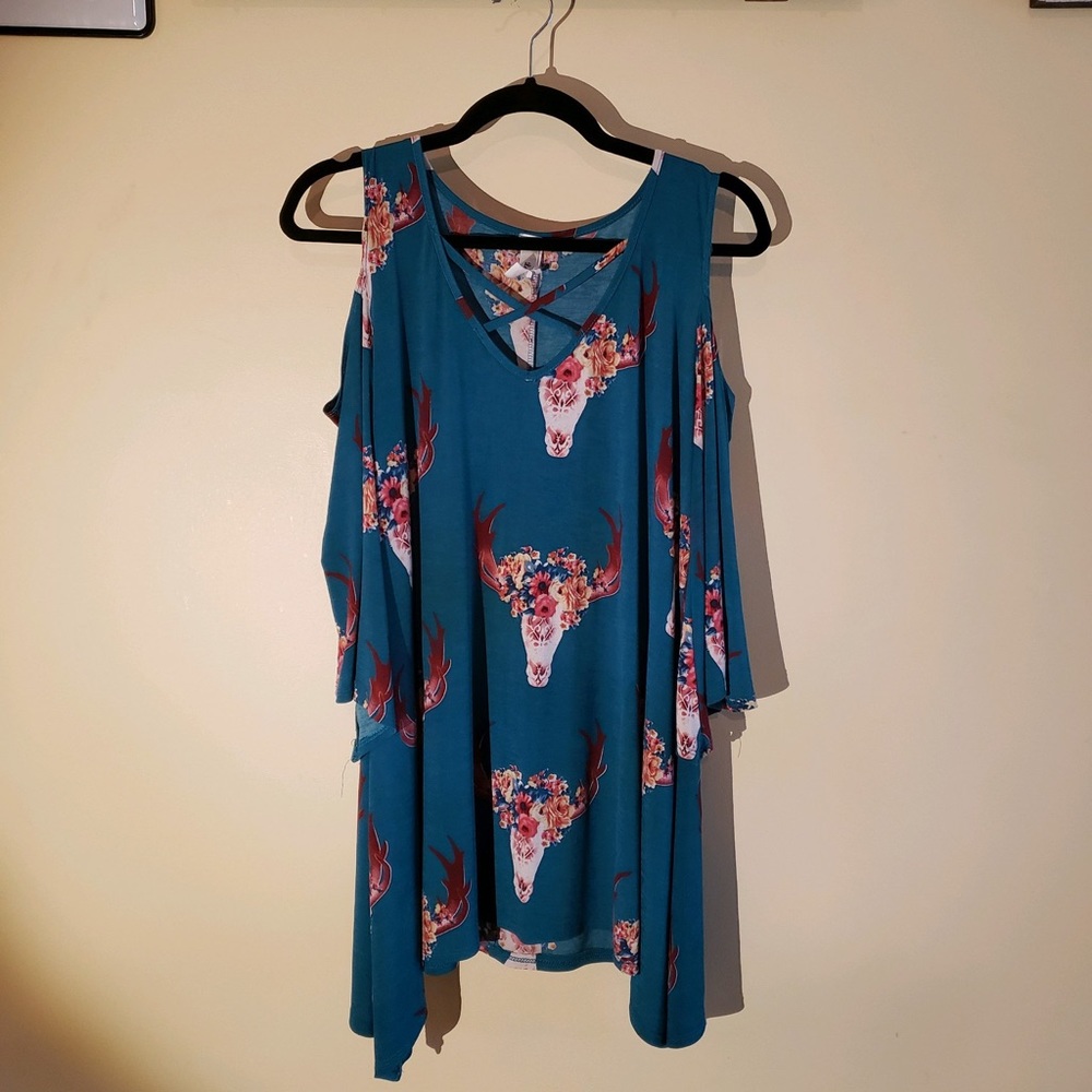 Teal Steerhead Floral Top